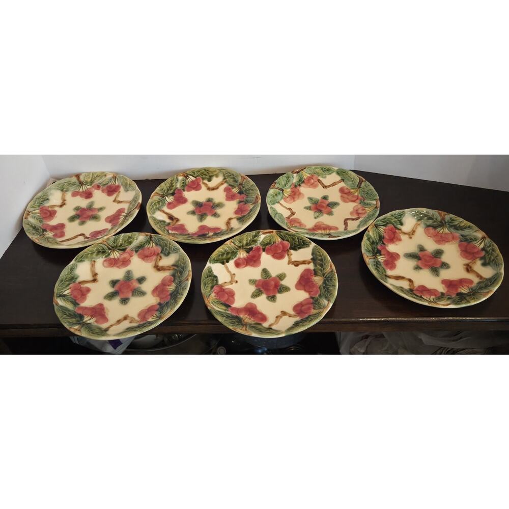 Vintage FFAS France Majolica Cherry Plates Set 6 Faience d’Art de la Sorgue - Picture 3 of 12